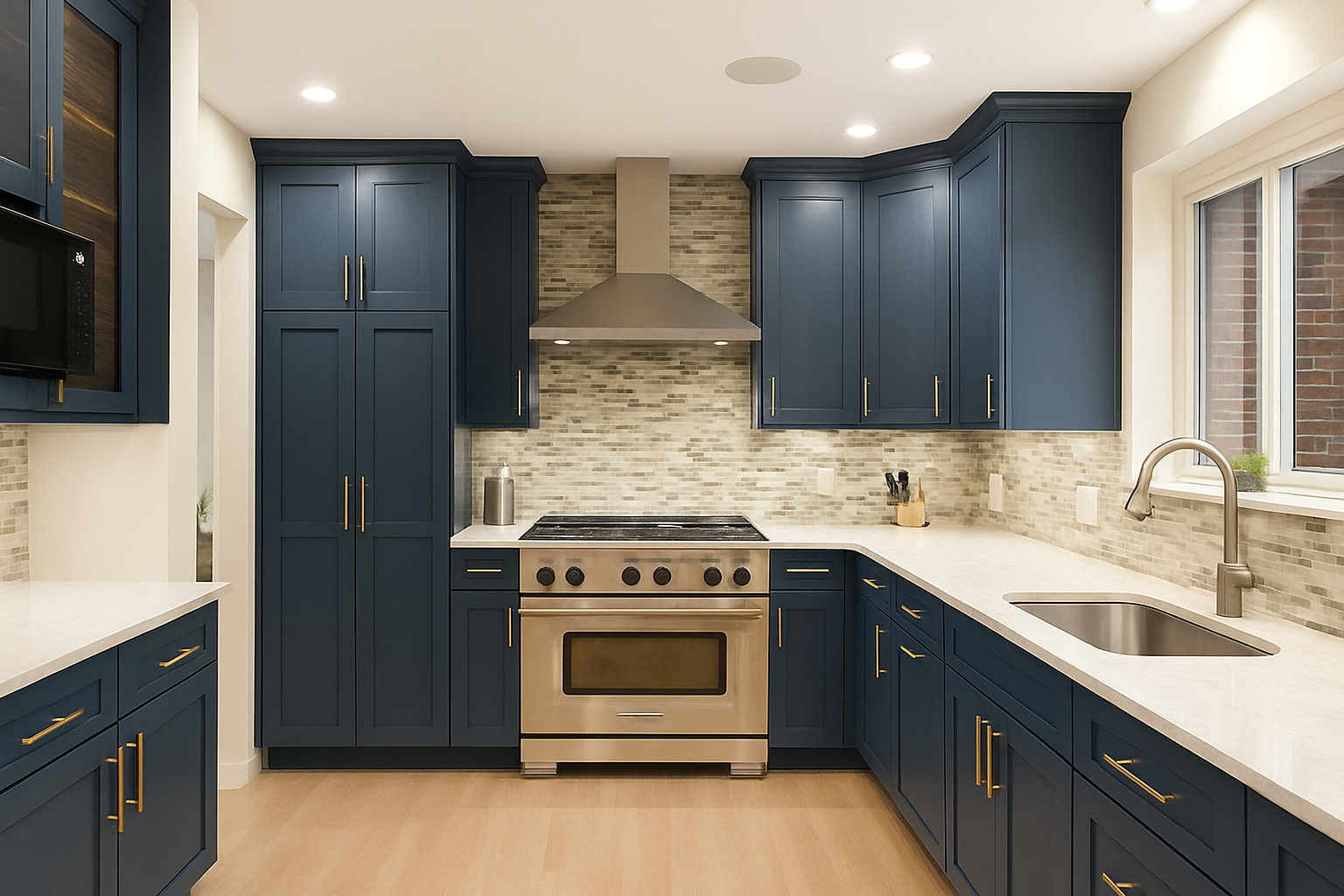 Kitchen with navy blue cabinets